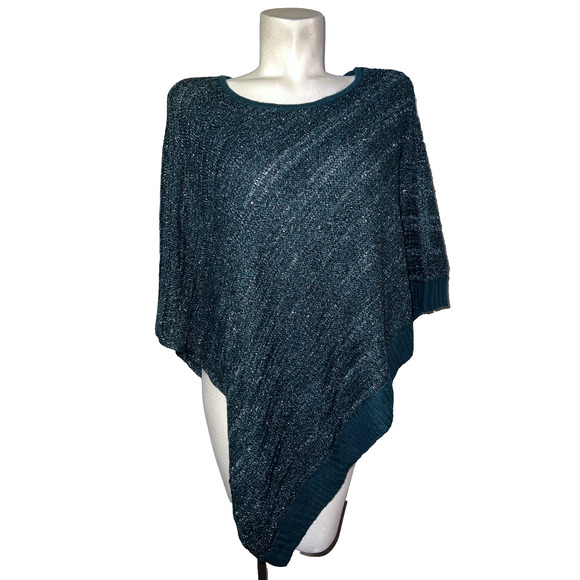 New Chico's Sweater Sz L/XL Goddess Green Metallic Marbled Knit Triangle Poncho - Picture 1 of 9